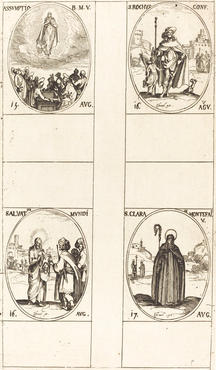 Założenie; św. Rocha; Salvator Mundi; Św. Klara z Monte Falco autorstwa Jacques Callot