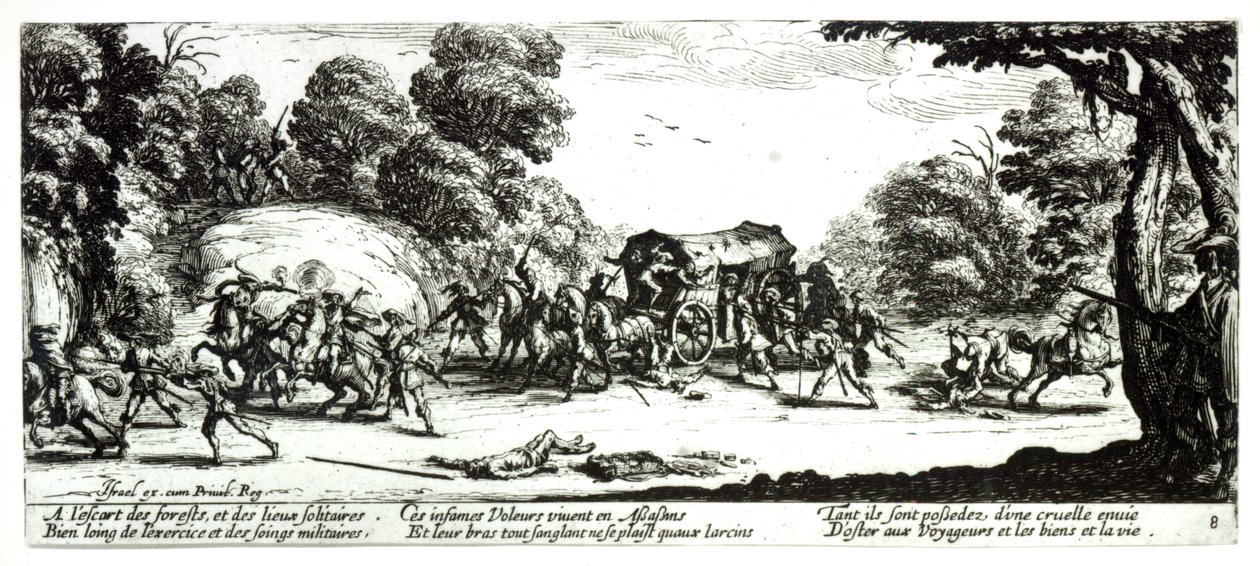 Atak na dyliżans, tablica 8 z „Nieszczęść i nieszczęścia wojny”, sztychowana przez Israela Henrieta (ok. 1590-1661) 1633 autorstwa Jacques Callot
