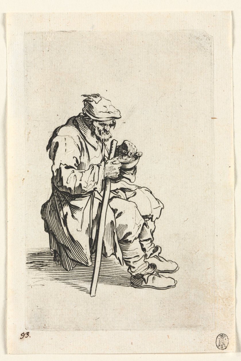 Żebracy: żebrak siada i je autorstwa Jacques Callot