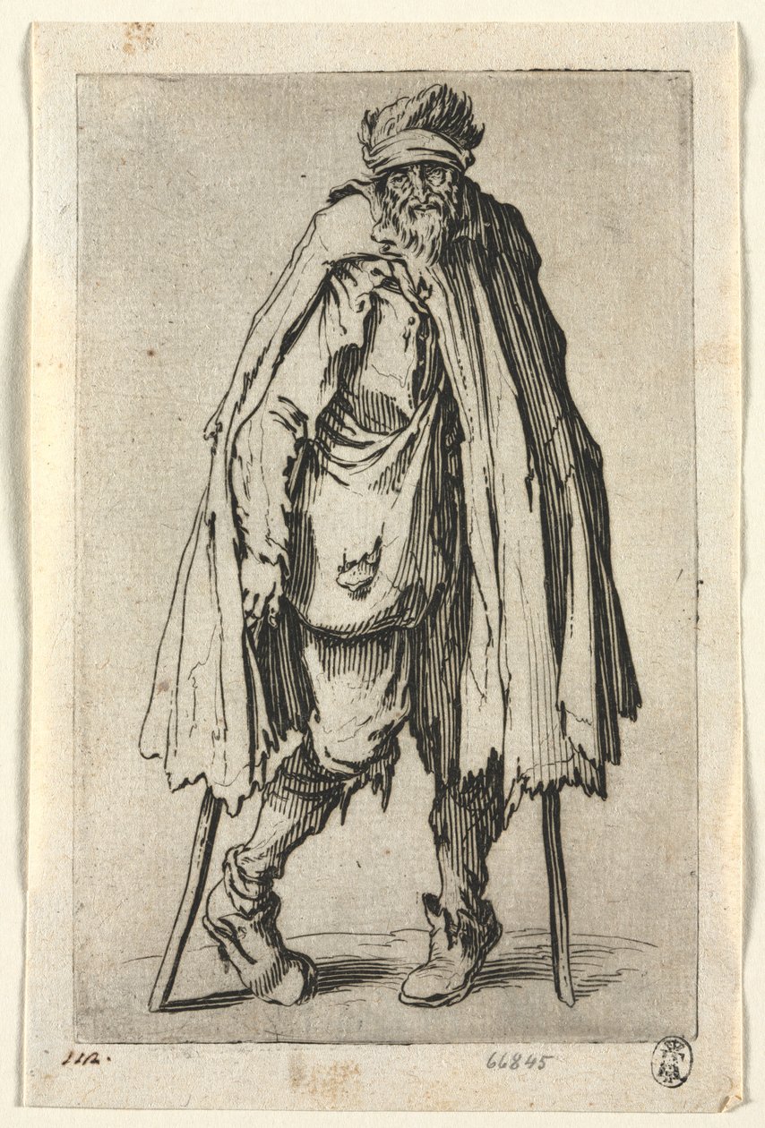 The Beggars: Żebrak o kulach z torbą , c. 1623. autorstwa Jacques Callot