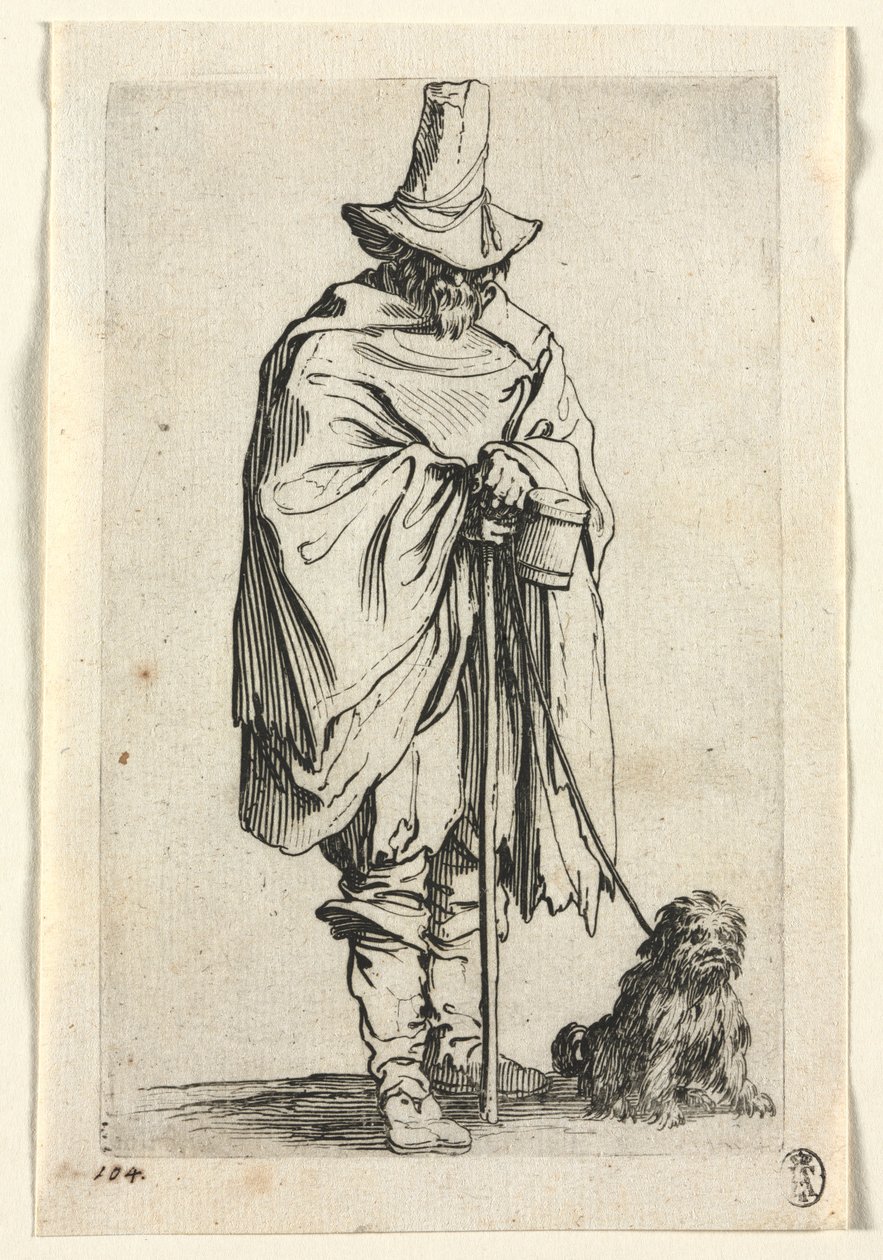 Żebracy: niewidomy mężczyzna z psem, c. 1623. autorstwa Jacques Callot