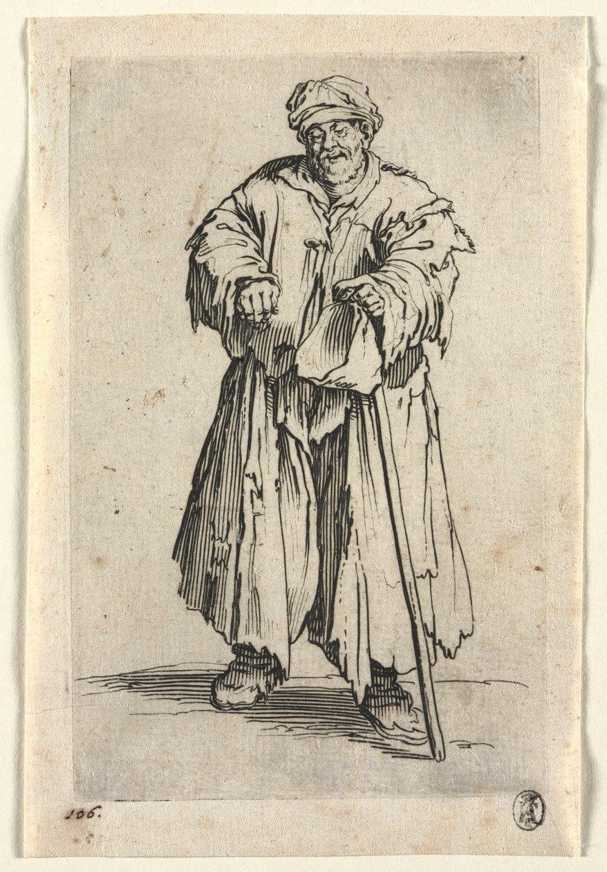Żebracy: otyły żebrak ze spuszczonymi oczami autorstwa Jacques Callot