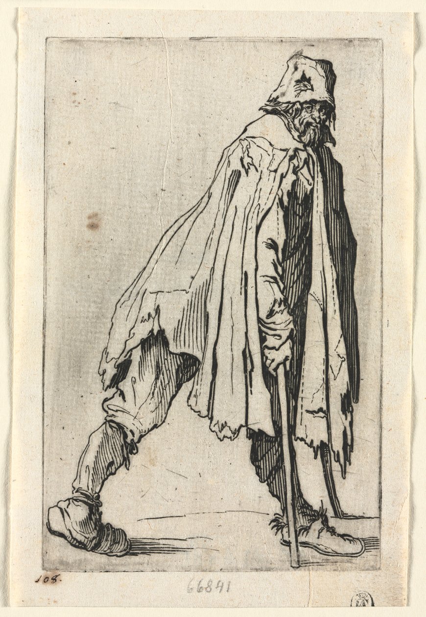 Żebracy: Żebrak o kulach, w czapce autorstwa Jacques Callot