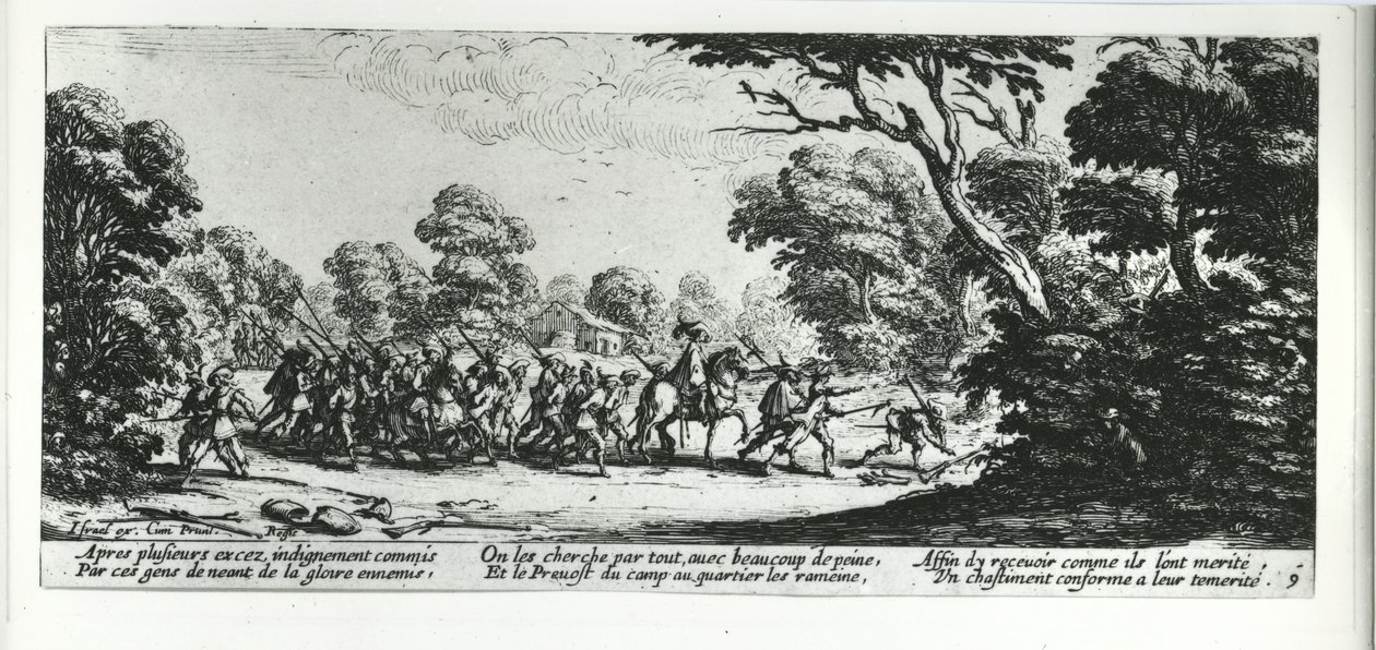 Odkrycie bandytów, tablica 9 z „Nieszczęść i nieszczęścia wojny”, sztychowana przez Israela Henrieta (ok. 1590-1661) 1633 autorstwa Jacques Callot
