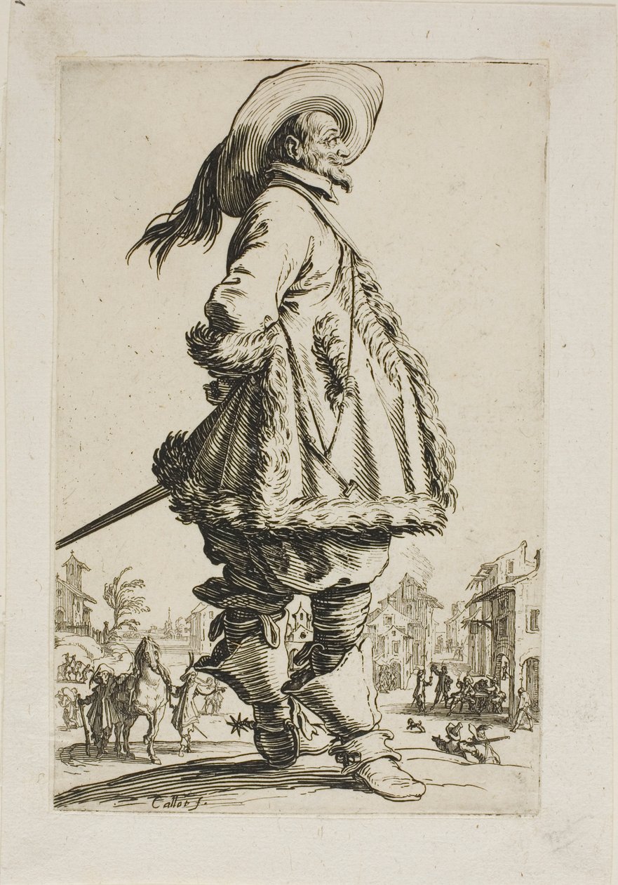 Dżentelmen w płaszczu obszytym futrem, trzymający ręce za plecami, płyta siódma z La Noblesse autorstwa Jacques Callot