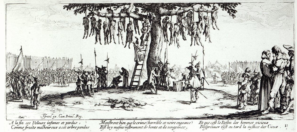 Wisząca, tablica 11 z „Nieszczęścia i nieszczęścia wojny”, sztychowana przez Israela Henrieta (ok. 1590-1661) 1633 autorstwa Jacques Callot