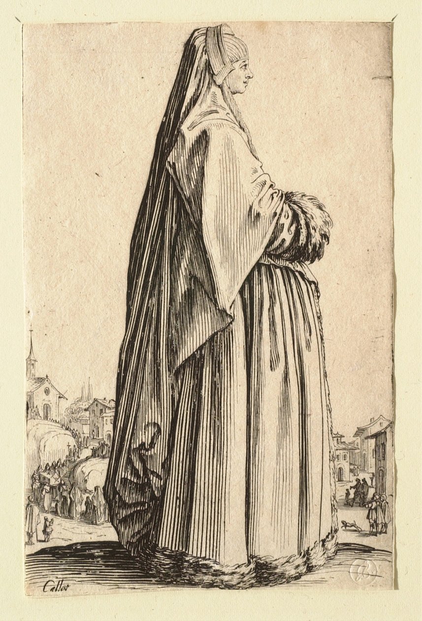 Dama w wielkim welonie i sukni obszytej futrem autorstwa Jacques Callot