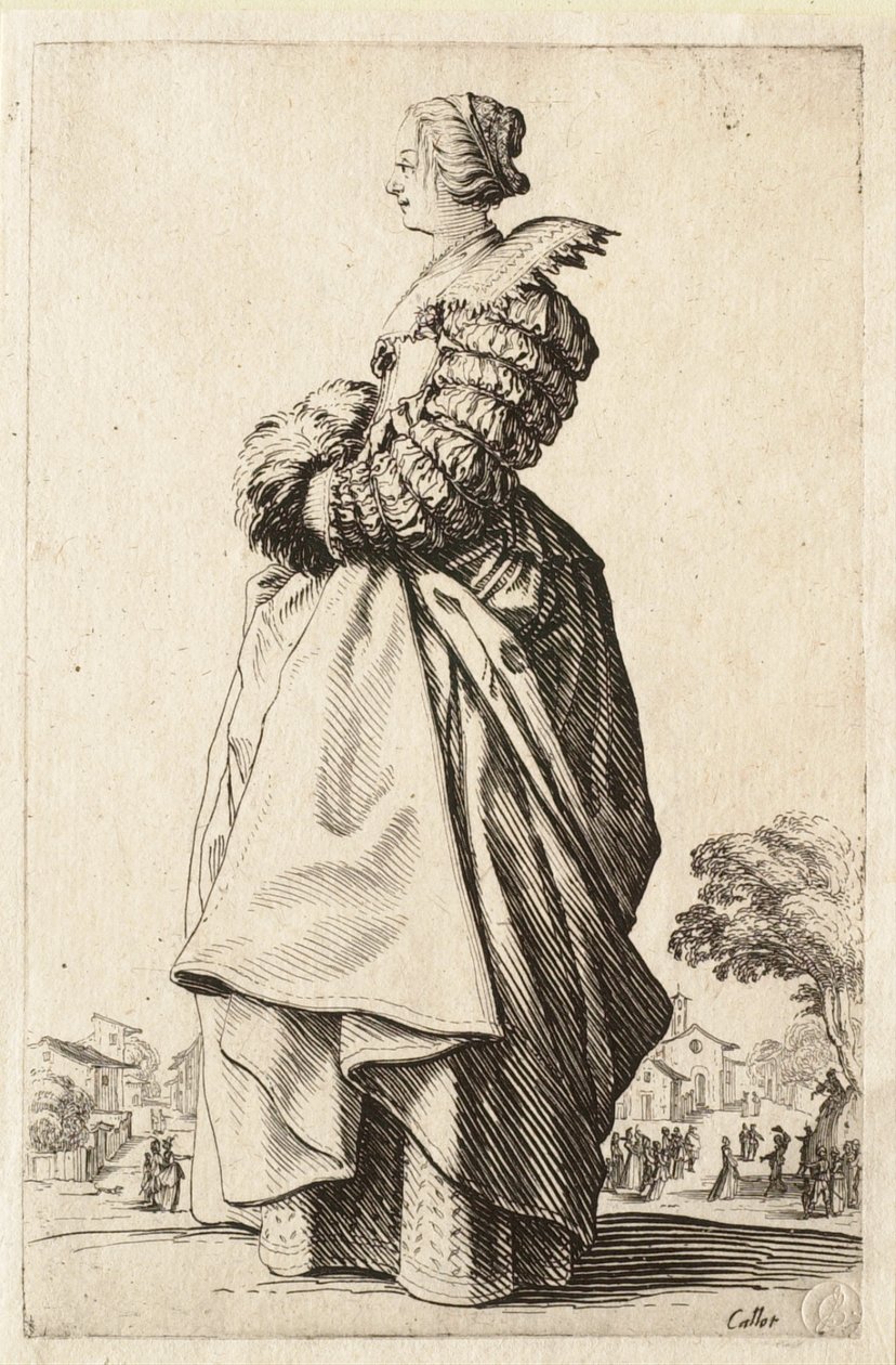 Dama z profilu z rękami w mufce autorstwa Jacques Callot