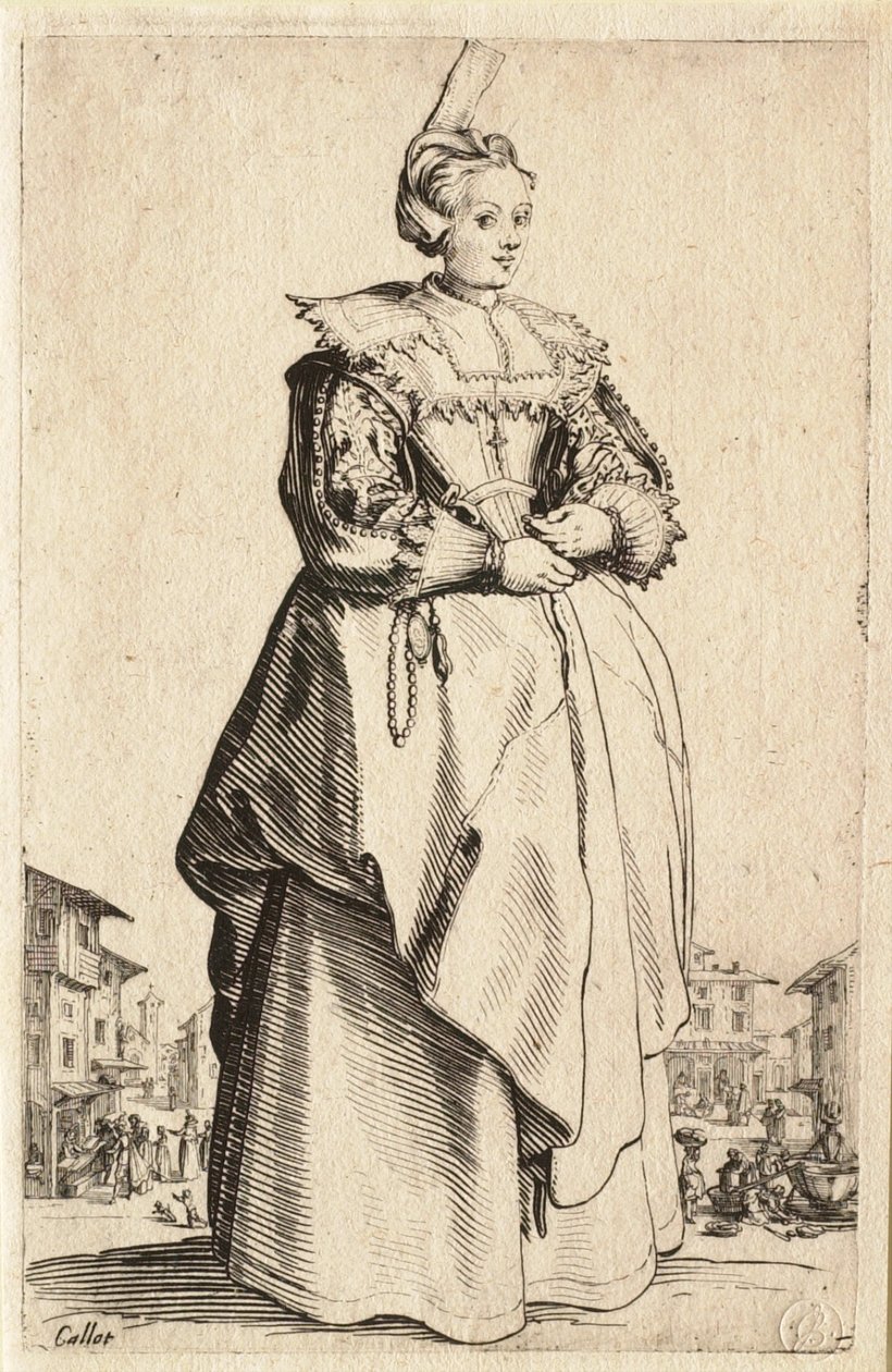 Dama z małym czepkiem podciągniętym do tyłu (La Dame à la petite coiffe relevée en arrière) autorstwa Jacques Callot