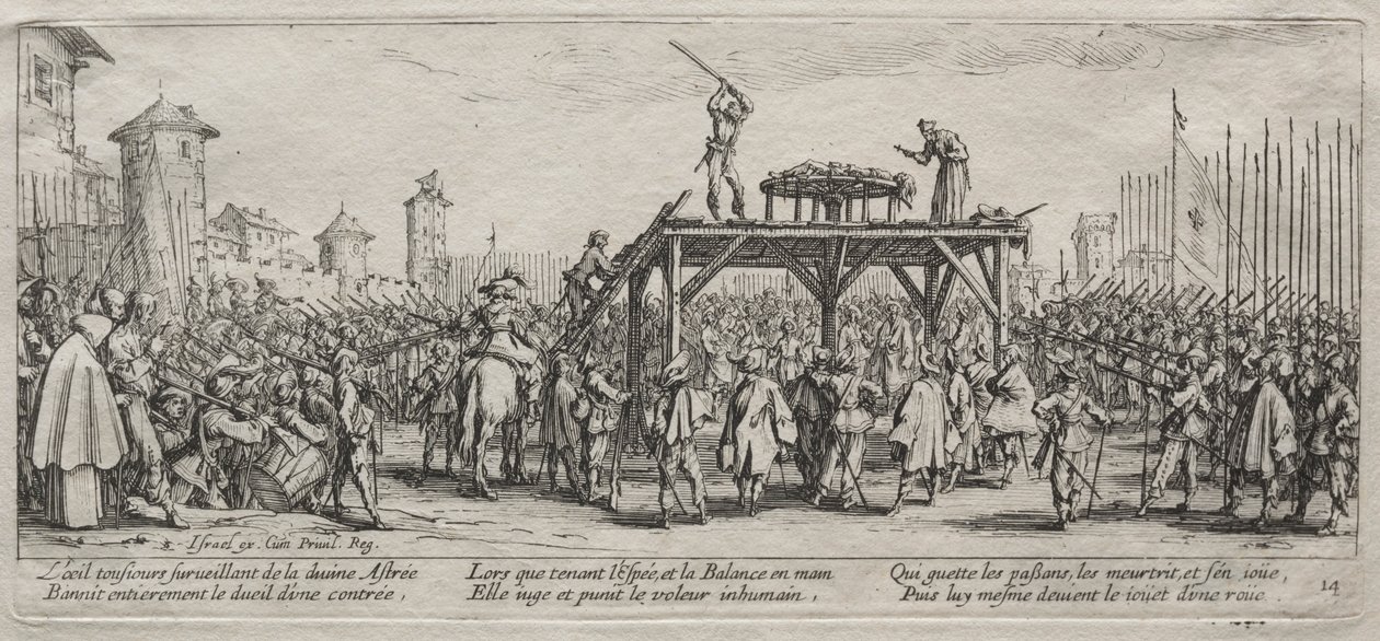 The Large Miseries of War: Egzekucja na kole, 1633. autorstwa Jacques Callot