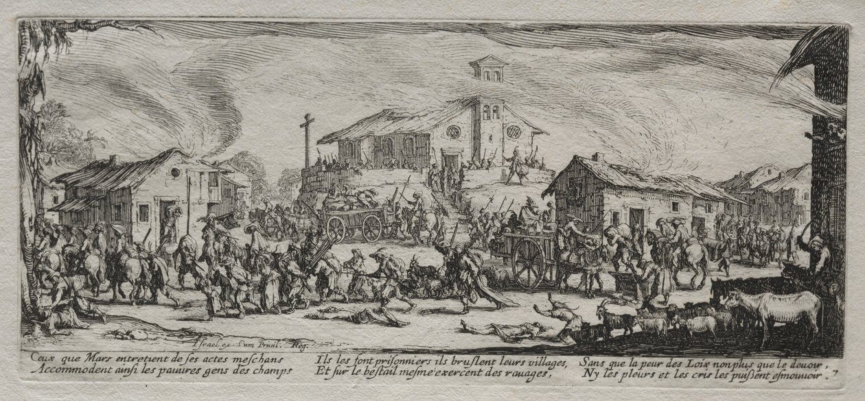 Wielka nieszczęścia wojny: plądrowanie i palenie wioski, 1633. autorstwa Jacques Callot