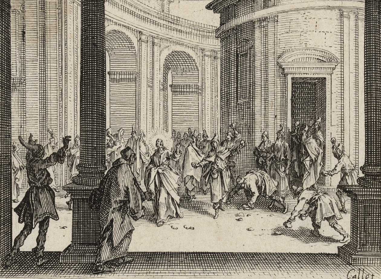 Kupcy wypędzeni ze świątyni, 1635 autorstwa Jacques Callot
