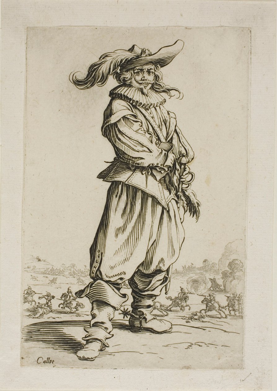 Żołnierz w kapeluszu z pióropuszem, płyta trzecia z La Noblesse autorstwa Jacques Callot