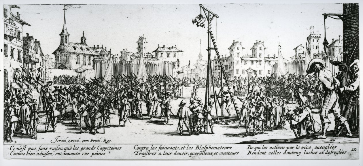 Израилийн Хенриет (1590-1661 он) 1633 онд сийлсэн "Дайны зовлон ба золгүй явдал" номын 10-р хавтан Страппадо autorstwa Jacques Callot