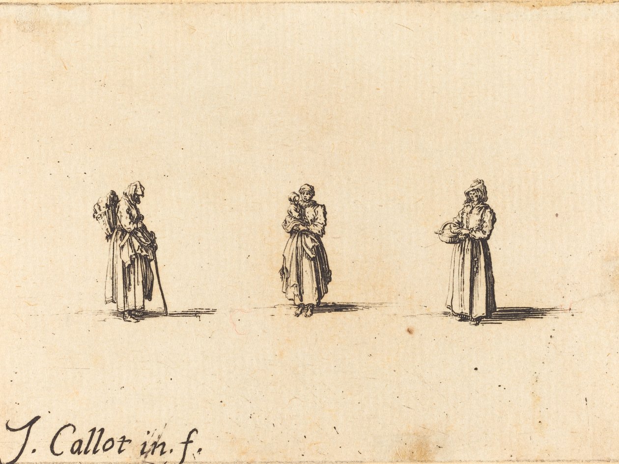 Trzy kobiety, jedna trzymająca dziecko, prawdopodobnie 1634. autorstwa Jacques Callot