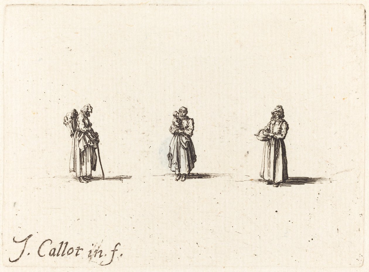 Trzy kobiety, jedna trzymająca dziecko, prawdopodobnie 1634. autorstwa Jacques Callot