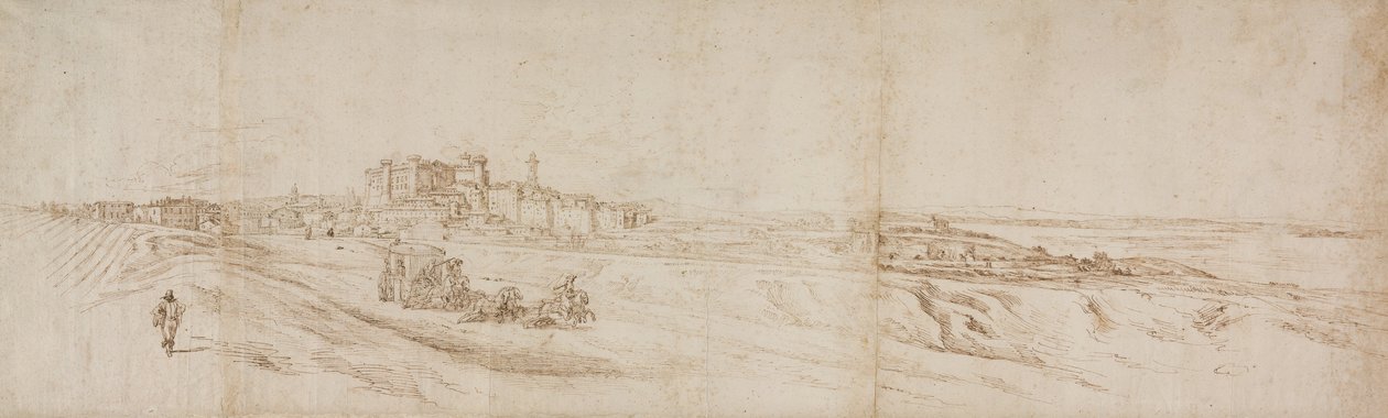 Widok na Castello Bracciano, niedaleko Rzymu z autokarem i figurami autorstwa Jacques Callot