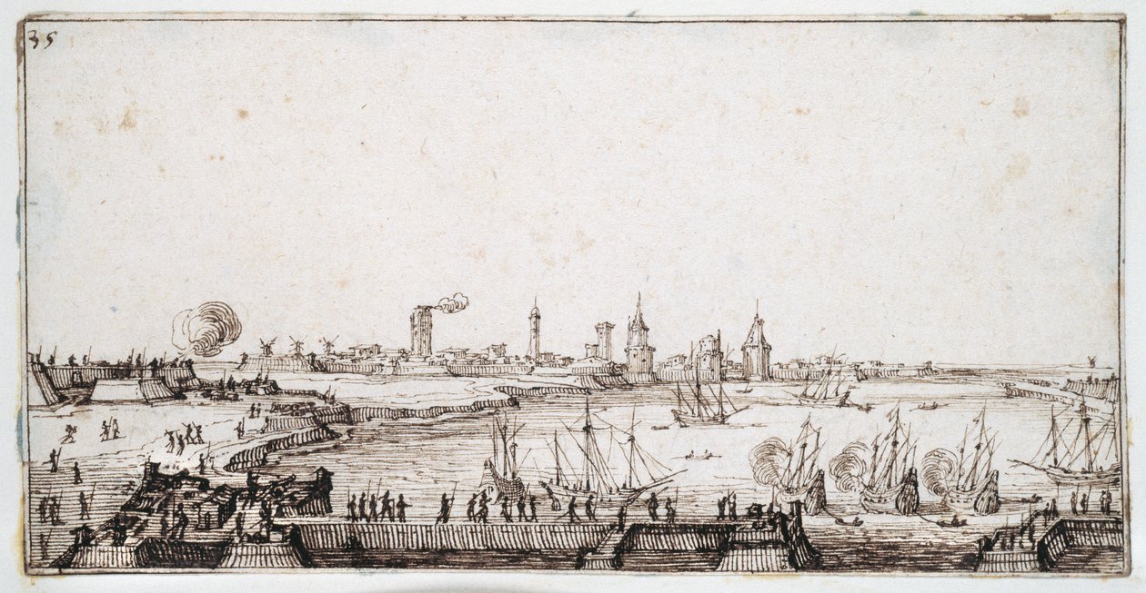 Widok na port La Rochelle z galeonami wystrzeliwującymi salut (pióro i brązowy atrament na papierze) autorstwa Jacques Callot