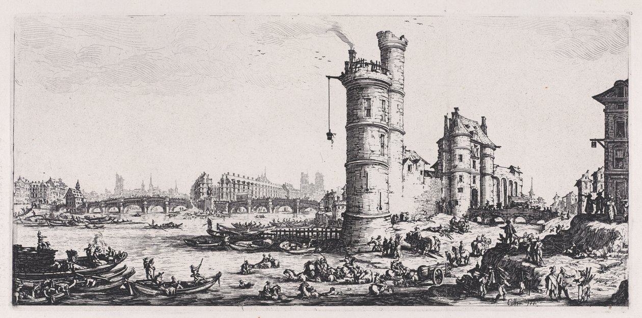 Widok na Pont-Neuf (View of the Pont-Neuf), z cyklu „Les Deux Grandes Vues de Paris” (Dwa wielkie widoki Paryża) autorstwa Jacques Callot