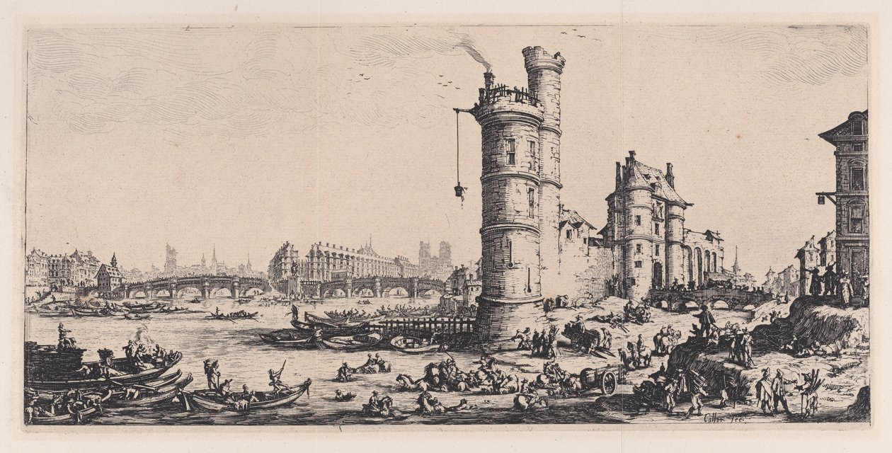 Widok na Pont-Neuf (View of the Pont-Neuf), z cyklu „Les Deux Grandes Vues de Paris” (Dwa wielkie widoki Paryża) autorstwa Jacques Callot
