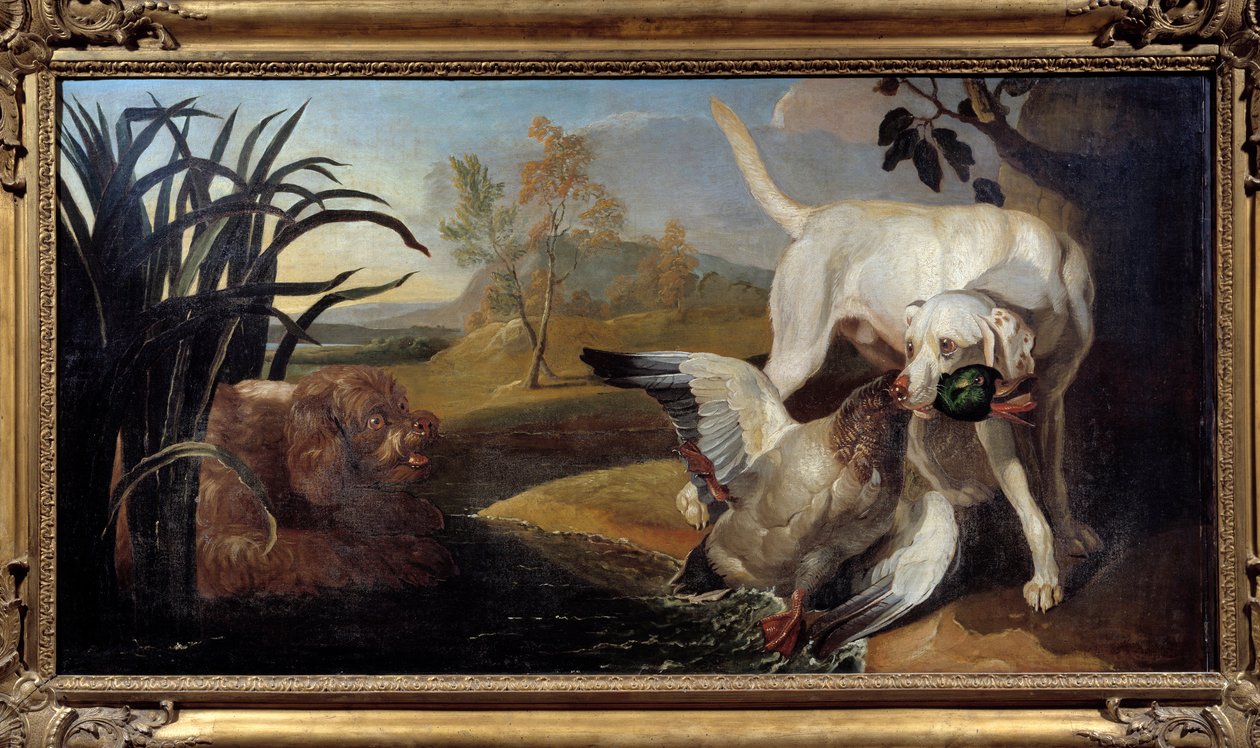 Pies Braque trzymający krzyżówkę w ustach Malarstwo Jacques Charles Oudry (1720-1778) Paryż XVIII w., Sztuka dekoracyjna autorstwa Jacques Charles Oudry