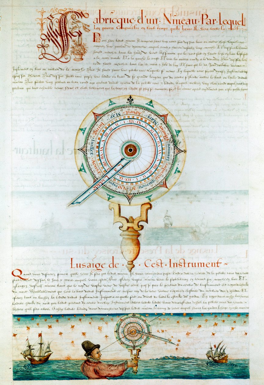 Instrumenty nawigacyjne: nawigator korzystający z astrolabium. Strona zaczerpnięta z „” Les Premieres Works de Jacques Devaulx Pilot en la Marine”” Jacques de Vaulx (XVI wiek) autorstwa Jacques Devaulx