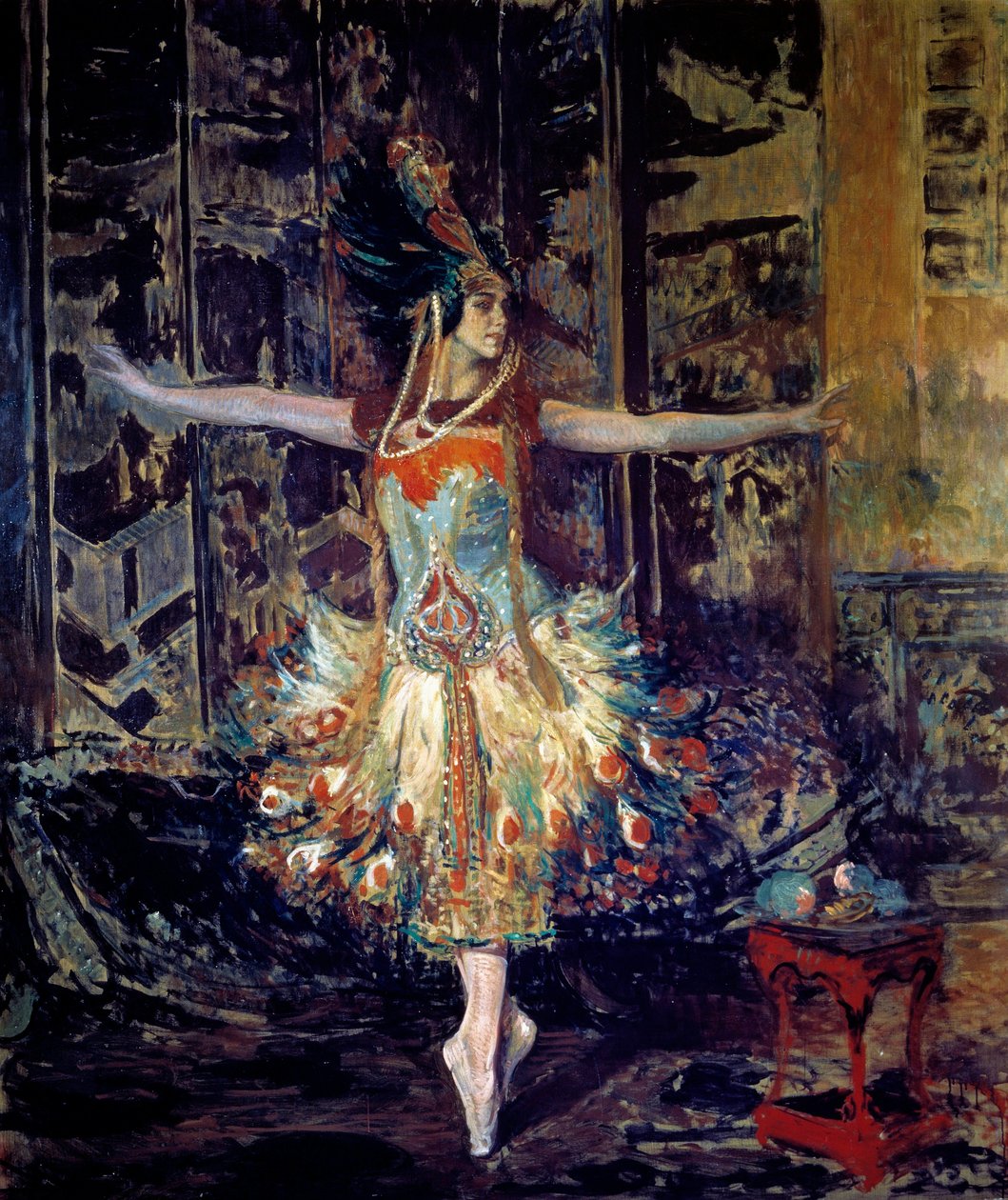 Rosyjska tancerka Tamara Karsavina (1885-1978) w balecie „Ognisty ptak” skomponowana przez Igora Strawińskiego (Strawiński autorstwa Jacques Emile Blanche