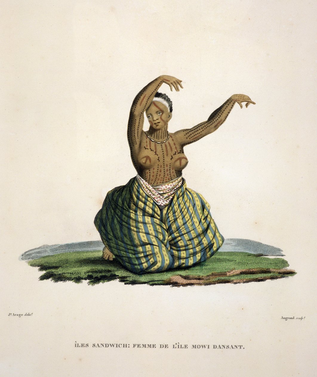 Tańcząca kobieta z wyspy Maui na Hawajach, grawerowana przez Parfait Augrand (ur. 1782) autorstwa Jacques Etienne Victor Arago