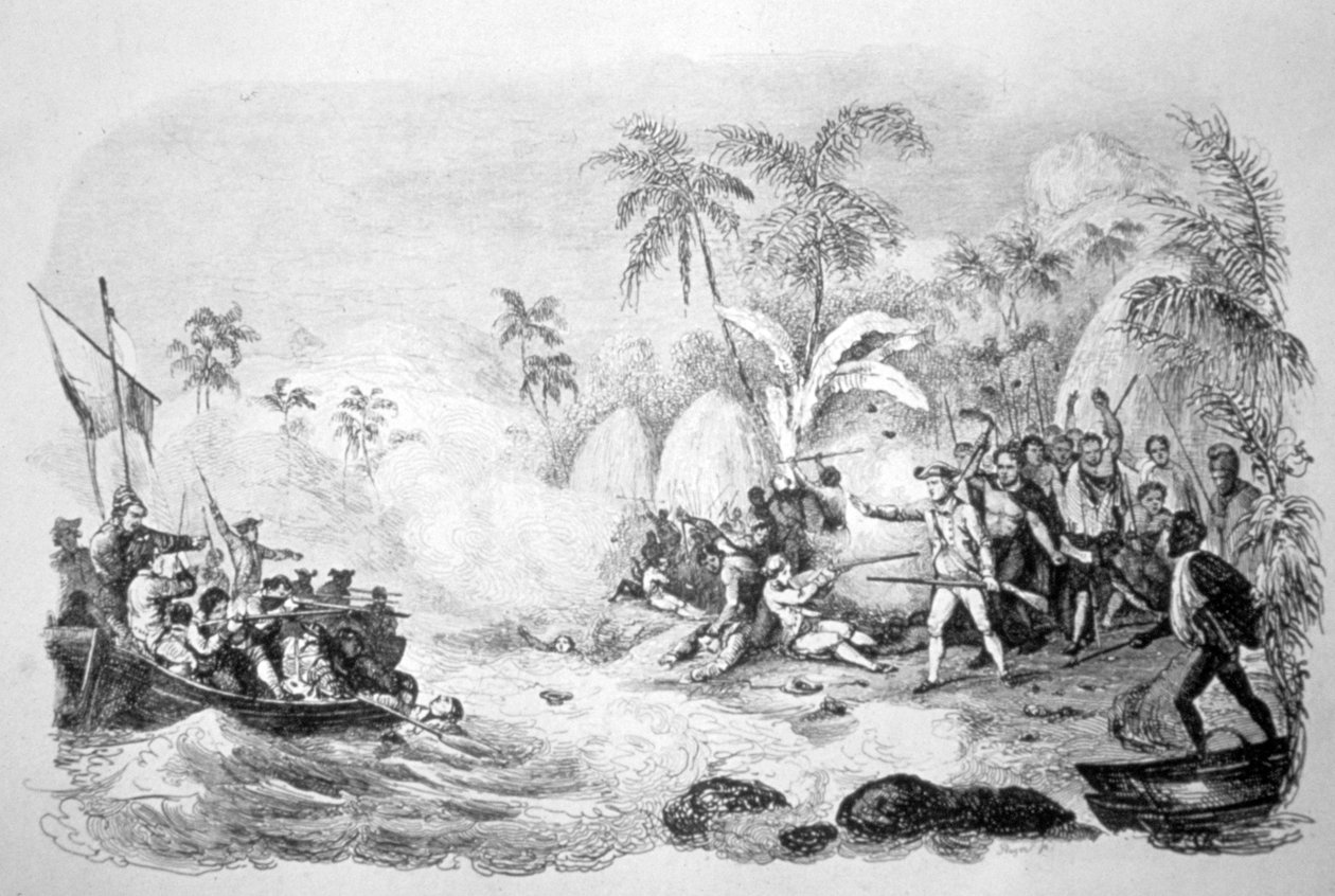 Śmierć kapitana Cooka, 1779 c1819 autorstwa Jacques Etienne Victor Arago