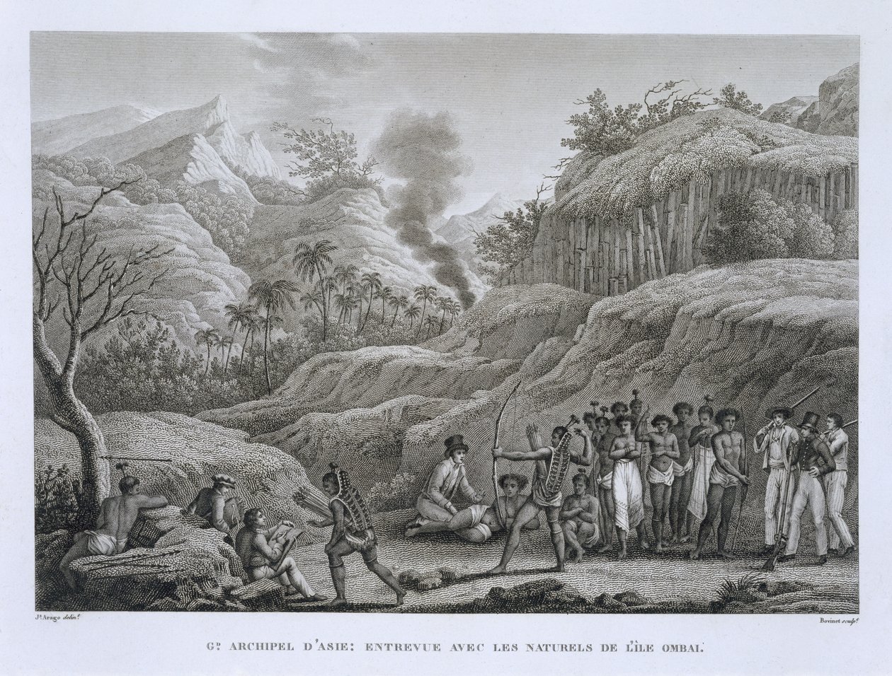 Wielki archipelag Azji: francuscy odkrywcy z tubylcami na wyspie Ombai, z Voyage Autour du Monde (1817-20), Louis Claude De Saulces de Freycinet (1779-1842) ryty przez Bovinet, opublikowane autorstwa Jacques Etienne Victor Arago