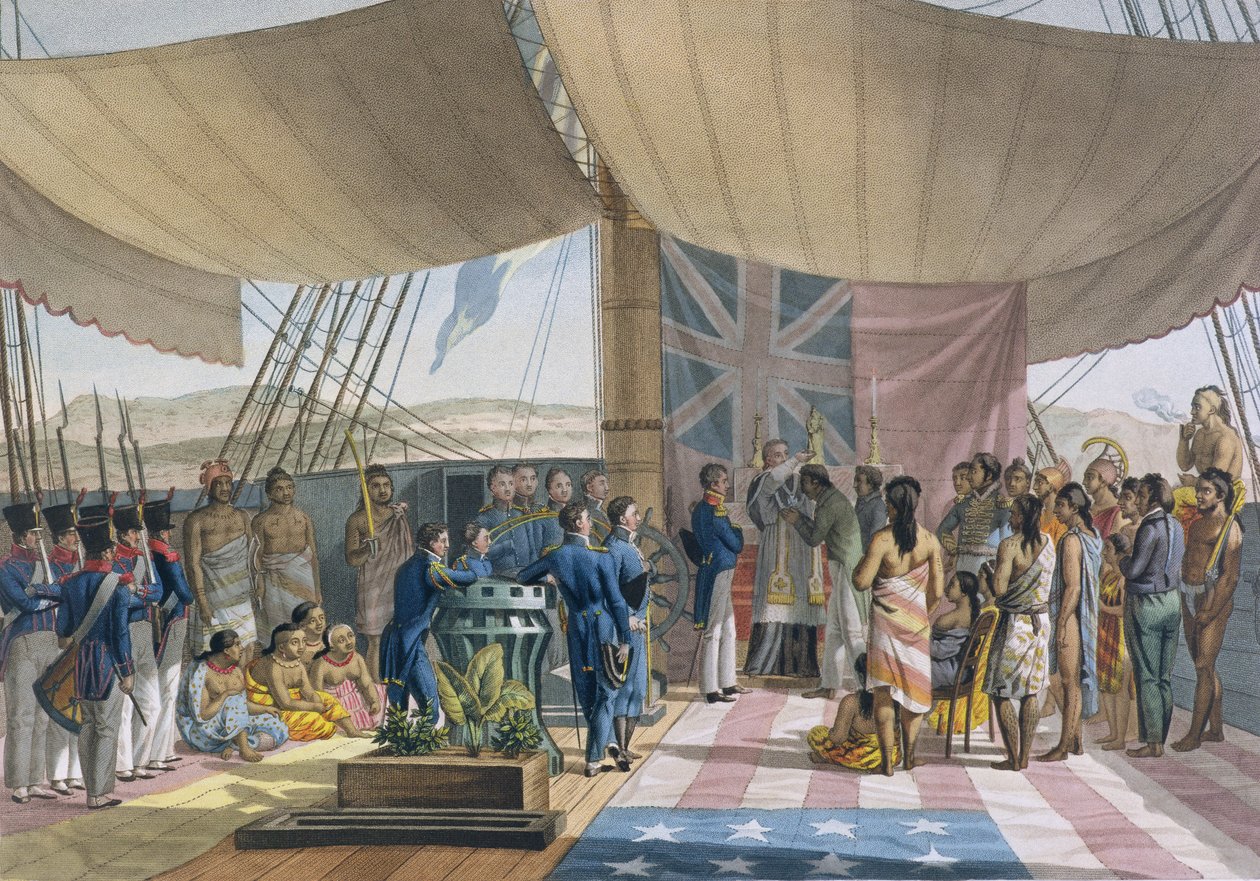 Wyspy Sandwich: Chrzest Króla Premiera na pokładzie Uranie, z Voyage Autour du Monde sur les Corvettes de Luranie 1817-20, grawerowane przez Lerouge i Forget, opublikowane 1825 ( autorstwa Jacques Etienne Victor Arago