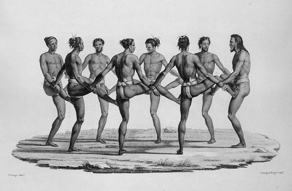 Taniec rodzimy na Wyspach Karolinskich, z Voyage Autour du Monde sur les Corvettes de Luranie 1817-20 ryty przez Lerouge i Forget, opublikowany 1825 autorstwa Jacques Etienne Victor after Arago