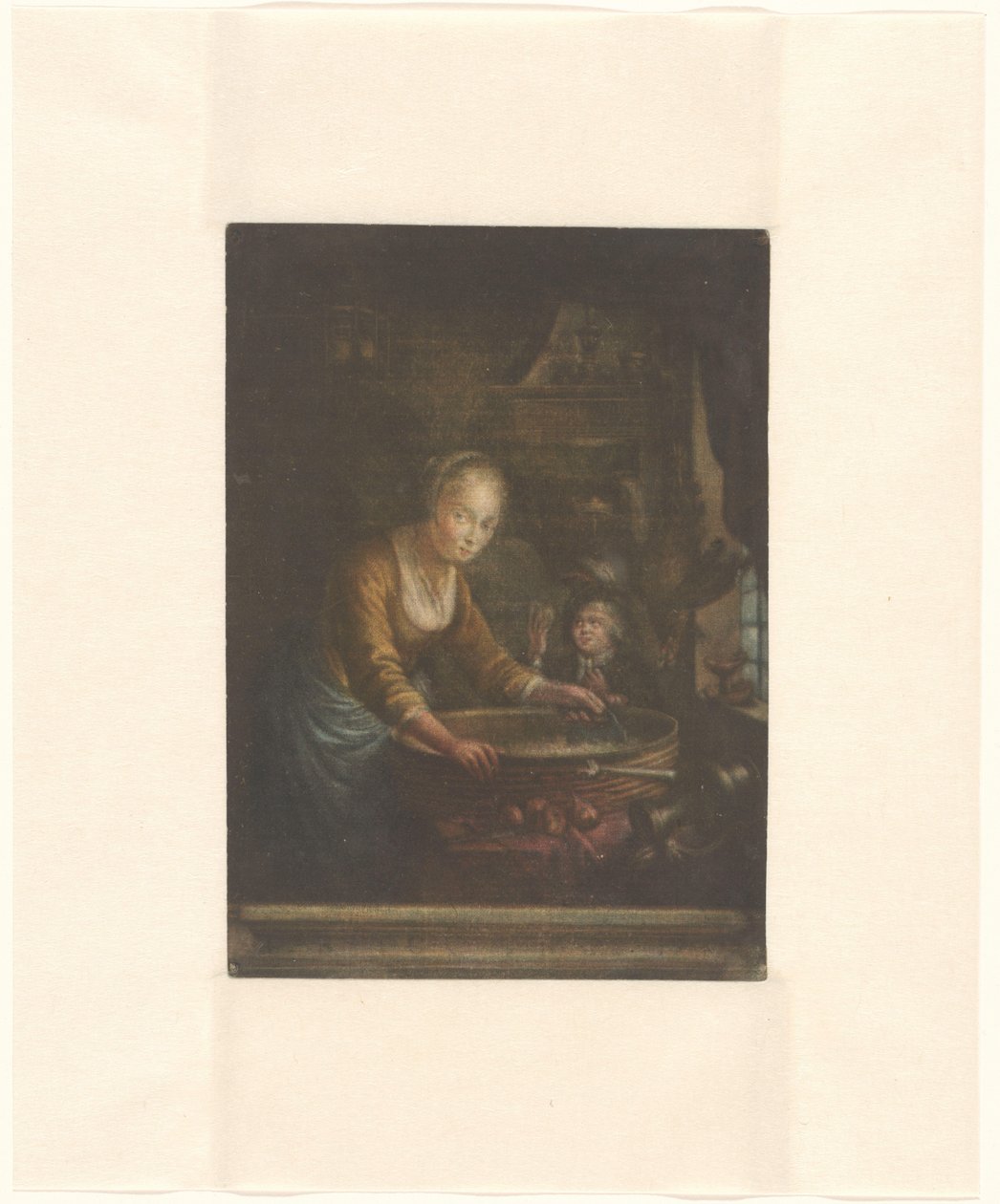 Młoda kobieta sieka cebulę autorstwa Jacques Fabien Gautier Dagoty (attributed to)