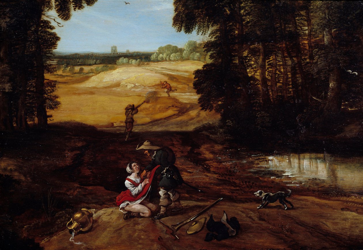 Zasadzka. Niektórzy rabusie w lesie głoszą, że zgwałcą kobietę. Obraz Jacquesa Fouquieresa (1580-1659) autorstwa Jacques Fouquieres