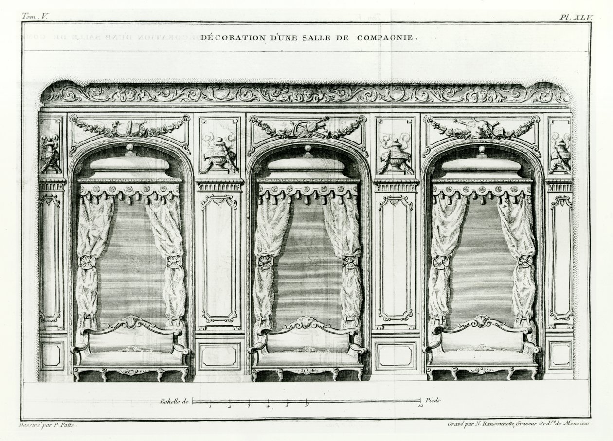 Elegancki Parisian Drawing room, początek 1770 z Cours dArchitecture, Paryż, opublikowany w 6 tomach z lat 1771-77 przez Blondela, Jacques-Francois (1705-74) Seria ukończona przez Pierre