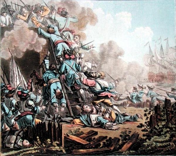 Zdobycie fortu San Salvador na Sycylii (1674), grawerowane przez Jean Baptiste Morret (fl.1790-1820) autorstwa Jacques Francois Joseph (after) Swebach
