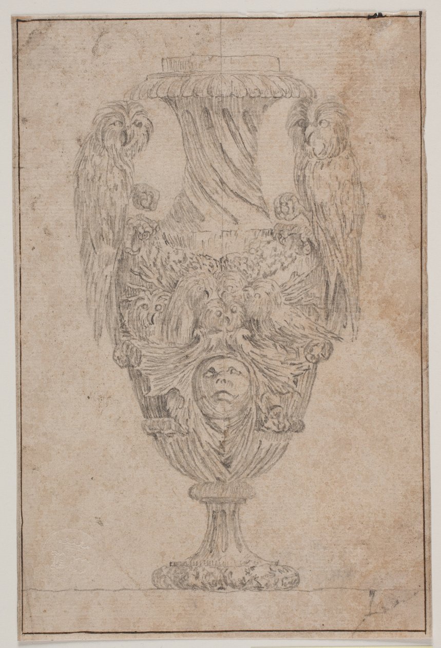 Wazon dekoracyjny z dwiema sówkami i głową. Kopiuj po Pl. 15 w bryle waz narysowanych przez Saly w 1746 r. „Vasa a se inventa...” autorstwa Jacques Francois Joseph Saly