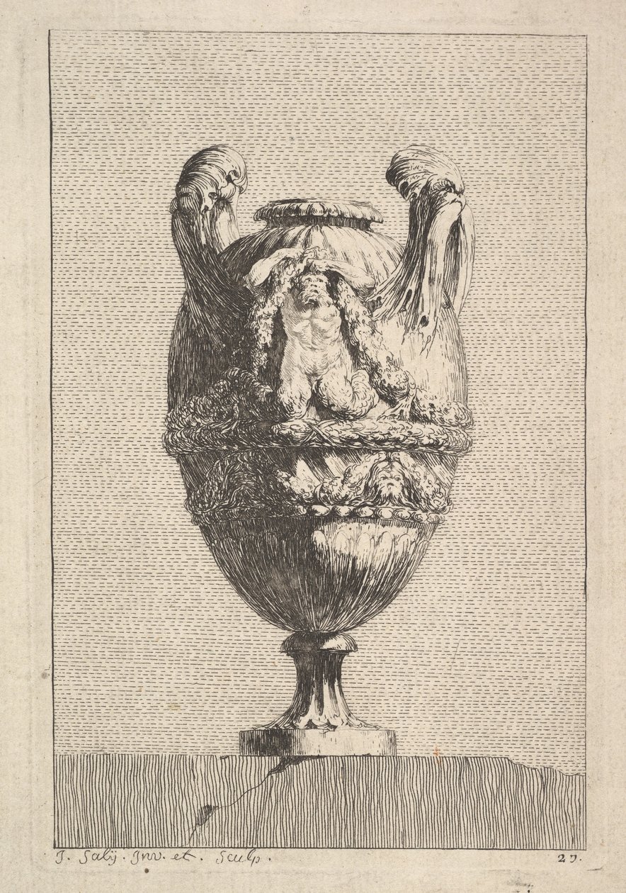 Wazon z męską syreną podtrzymującą girlandę, z: Wazy, 1746. autorstwa Jacques Francois Joseph Saly