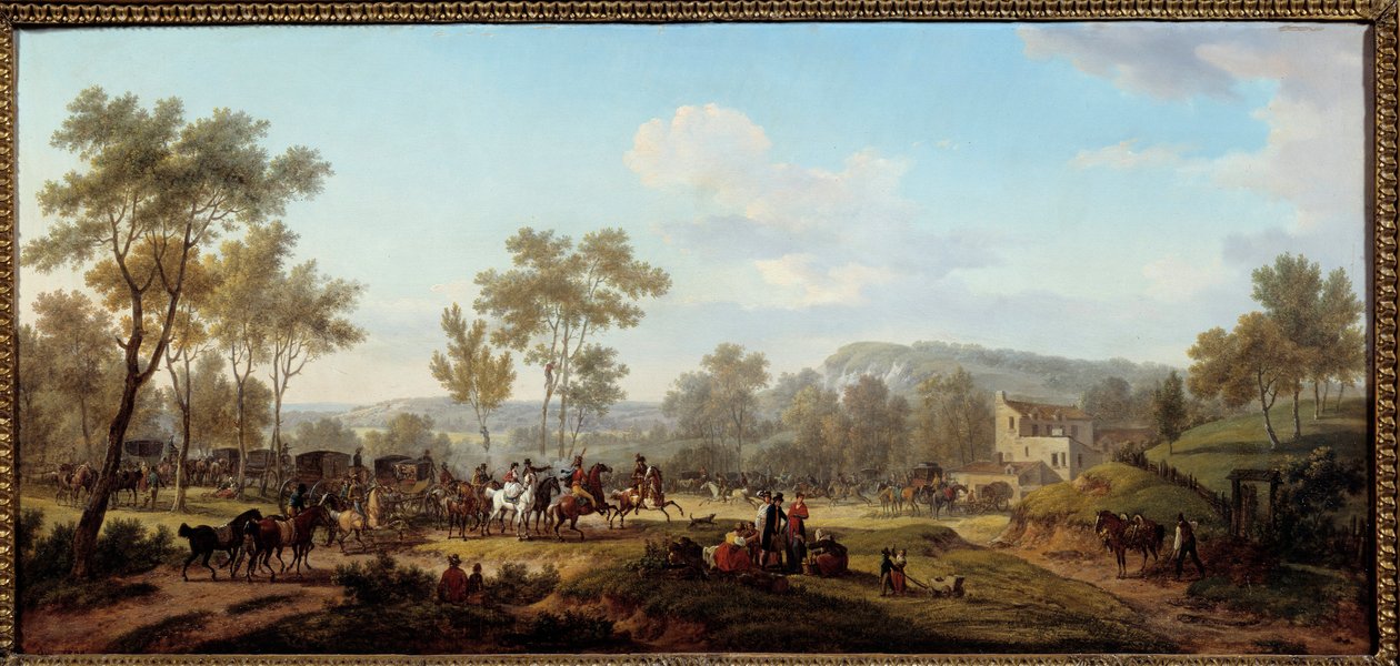 Wyścig w okolicach Longchamps Attelages i jeźdźców na paryskiej wsi. Obraz Jacques Francois Joseph Swebach Dit Fontaine (lub Desfontaines autorstwa Jacques Francois Joseph Swebach