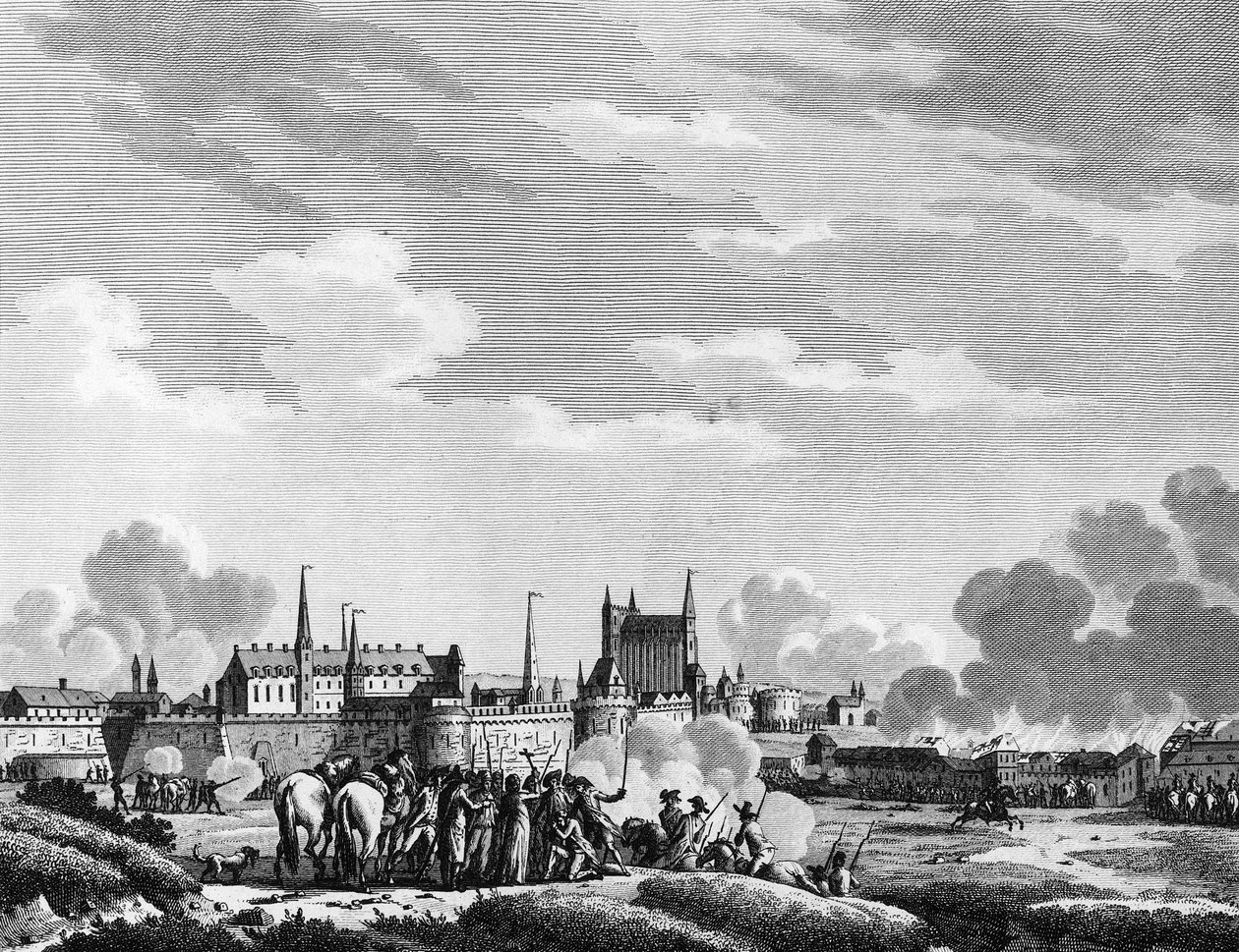 Rewolucja Francuska: Atak Nantes przez Wandejczyków w dniu 29 czerwca 1793 r. Grawerowanie Berthauta wg Swebacha Paryż, Biblioteka Instytutu Historii Rewolucji autorstwa Jacques Francois Joseph Swebach