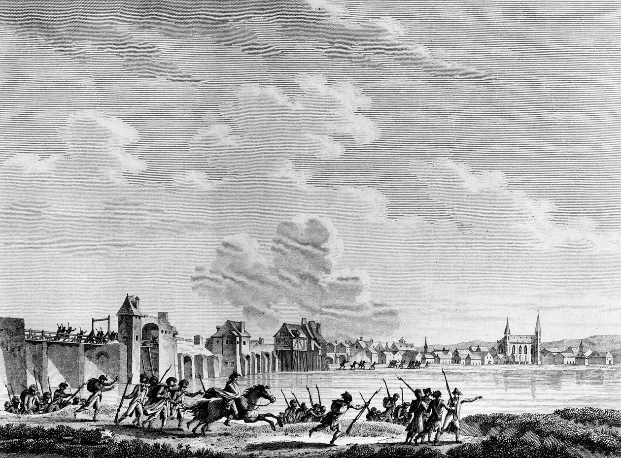 Rewolucja francuska: Deroute de Passy (Pacy sur Eure lub Pacy-sur-Eure) 13 lipca 1793. Grawerowanie wykonane przez Berthauta według Swebacha. Paryż, Biblioteka Instytutu Historii Rewolucji autorstwa Jacques Francois Joseph Swebach