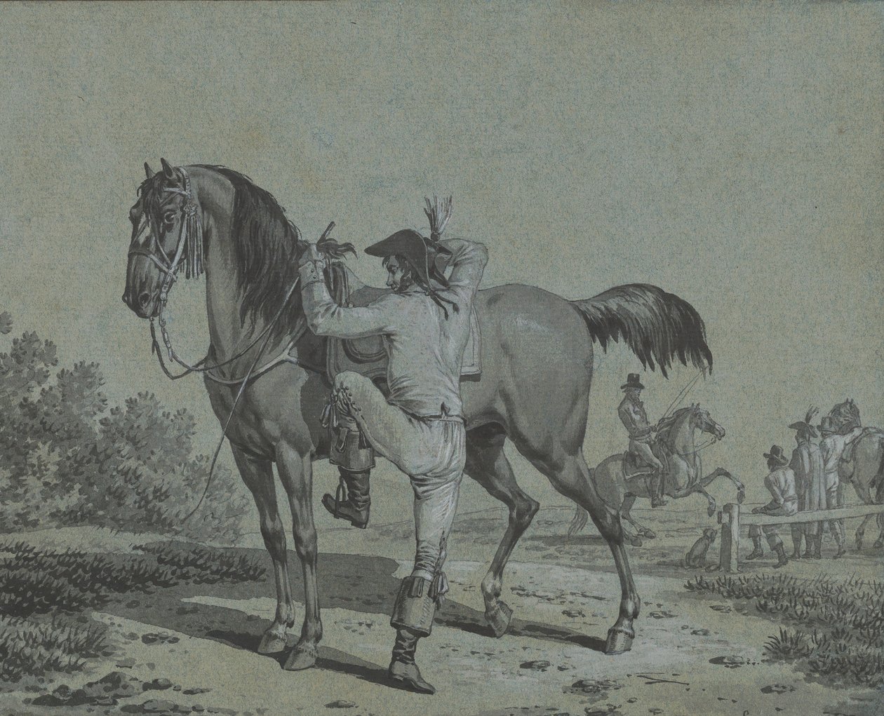 Człowiek wsiadający na konia, . autorstwa Jacques Francois Joseph Swebach