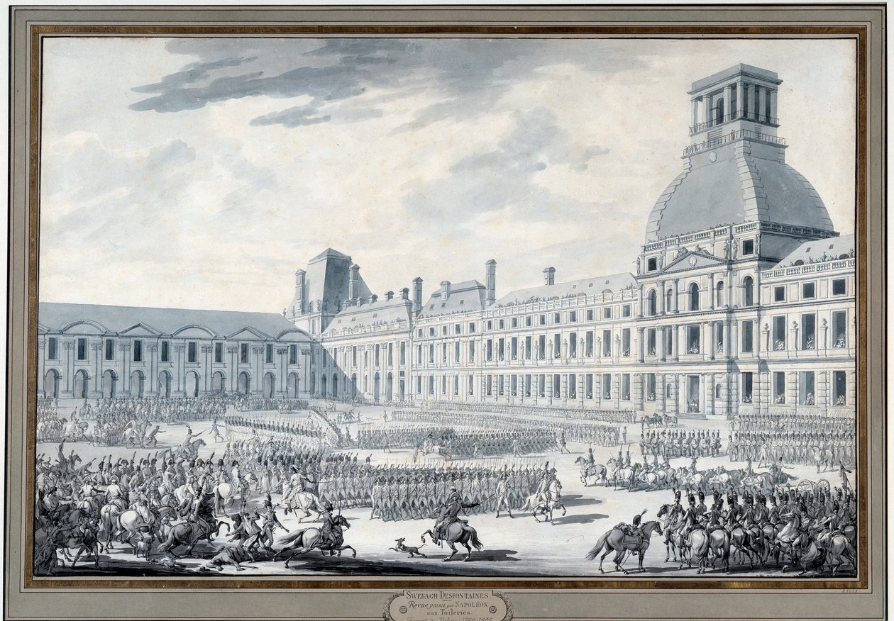 Revue des trupes Napoleona Bonaparte (1769-1821) w Tuileries Grawerowanie Jacquesa Swebacha dit Fontaine (1769-1823) XIX-wieczny Paryż, Musee Carnavalet autorstwa Jacques Francois Joseph Swebach