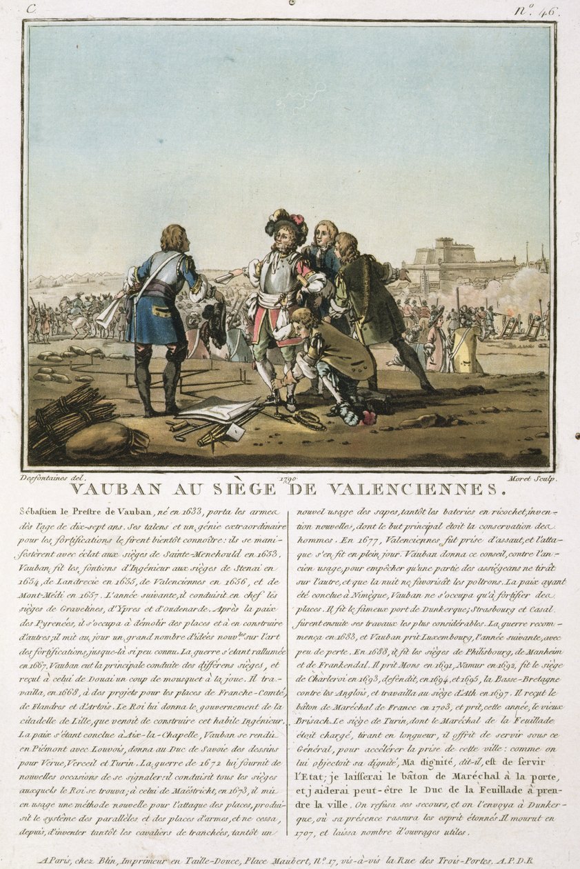 Sebastien le Prestre de Vauban (1633-1707) podczas oblężenia Valenciennes (1677), rycina Jean Baptiste Morret (fl.1790-1820), 1790 (kolorowa litografia) autorstwa Jacques Francois Joseph Swebach