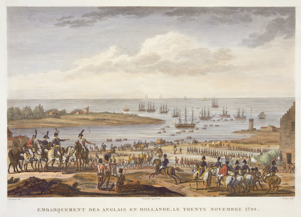 Zaokrętowanie Anglików w Holandii, 30 listopada 1799, grawerowane przez Louisa Francois Couche (1782-1849) (akwatinta) autorstwa Jacques Francois Joseph Swebach