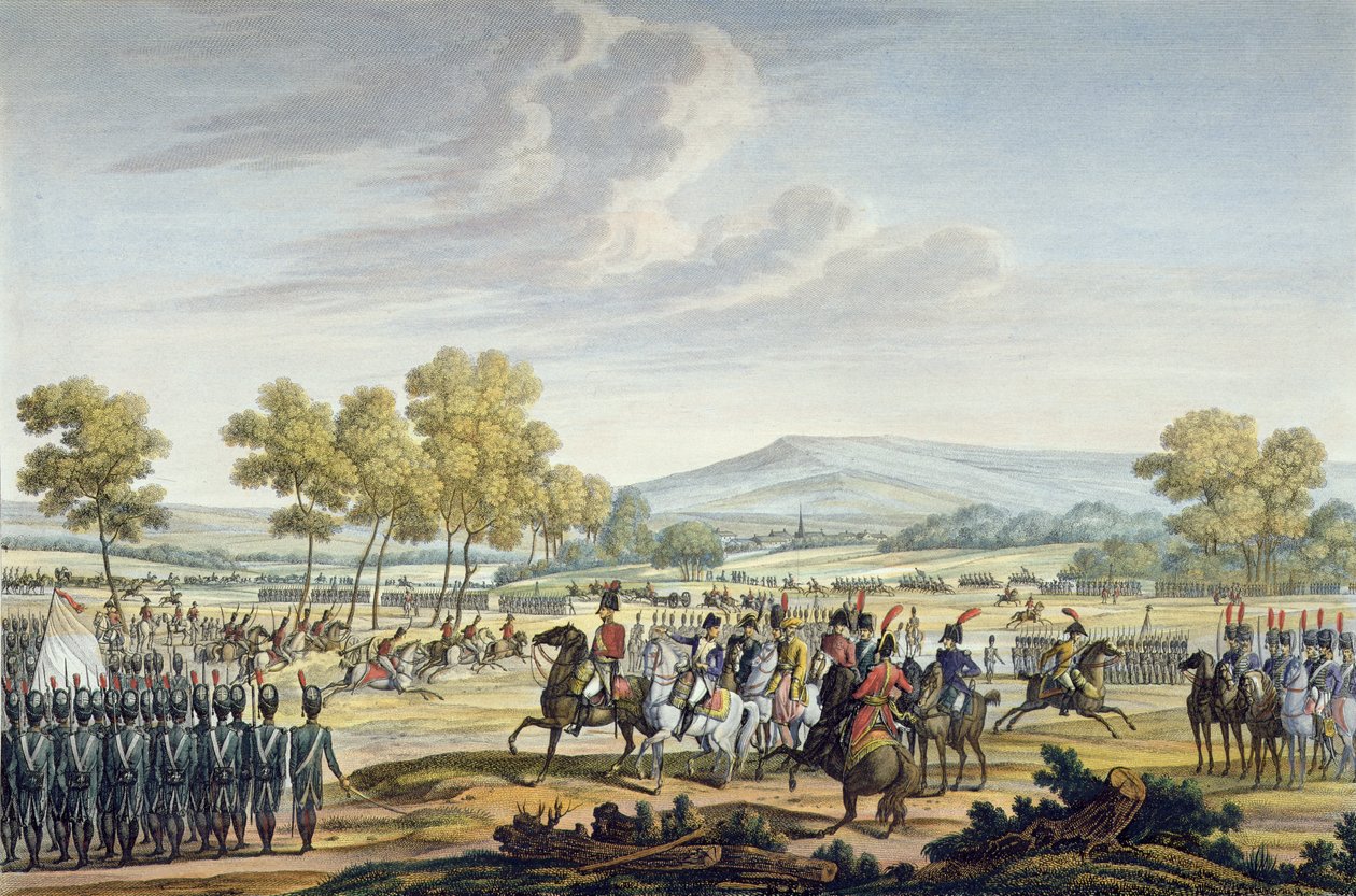 Manewr gwardii cesarskiej w obecności dwóch cesarzy w Tilsit, 28 czerwca 1807 r., ryty przez Edme Bovinet (1767-1832) (akwatinta) autorstwa Jacques Francois Joseph Swebach