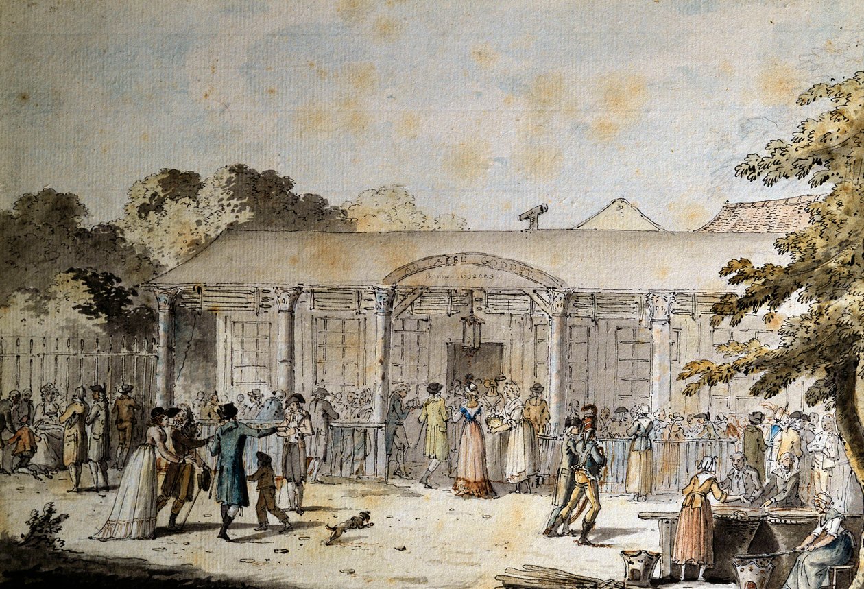 Widok na Cafe Goddet (lub Godet), Boulevard du Temple, w czasach konsulatu autorstwa Jacques Francois Joseph Swebach