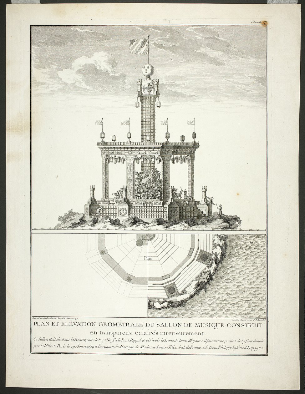 Plan i elewacja sali muzycznej, płyta trzecia z Description des Festes Données par la Ville de Paris autorstwa Jacques François Blondel