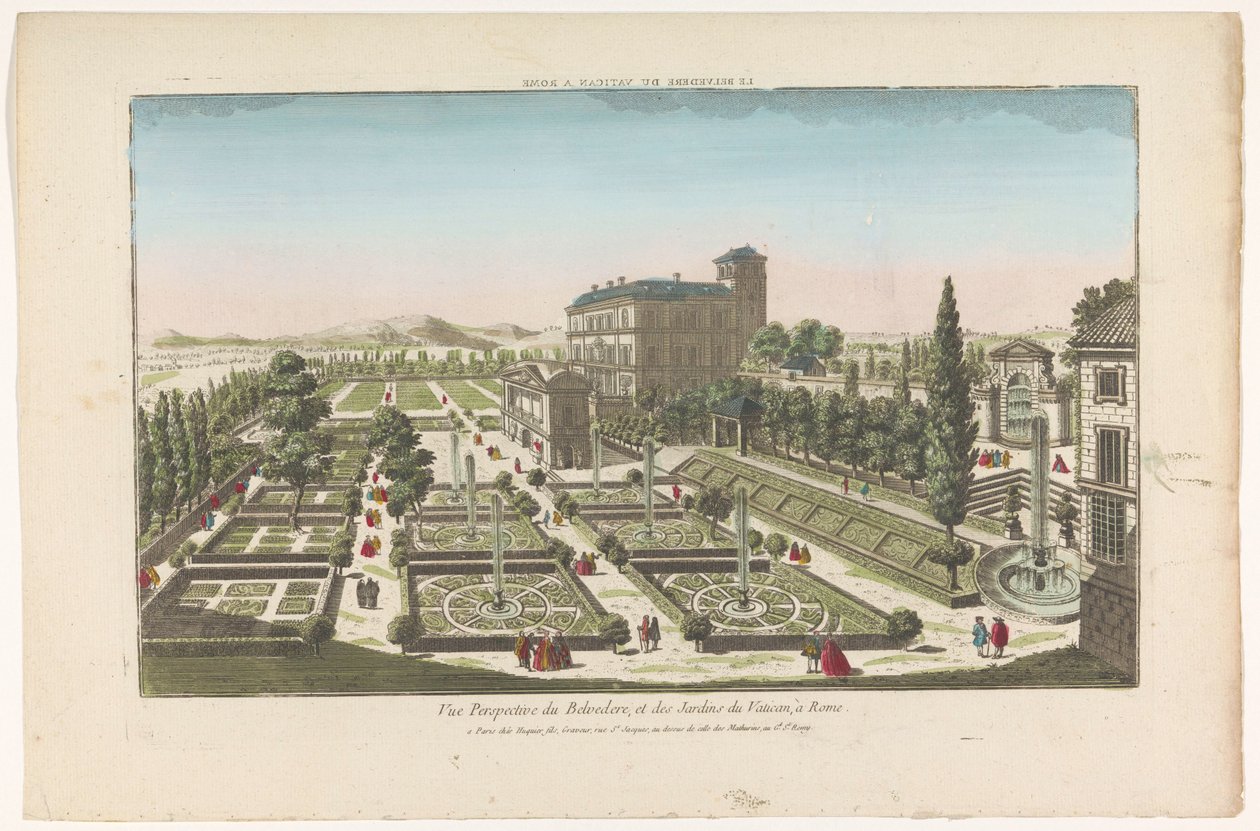 Widok na Giardini Vaticani w Watykanie Le Belvedere du Vatican a Rome (tytuł na obiekcie) autorstwa Jacques Gabriel Huquier