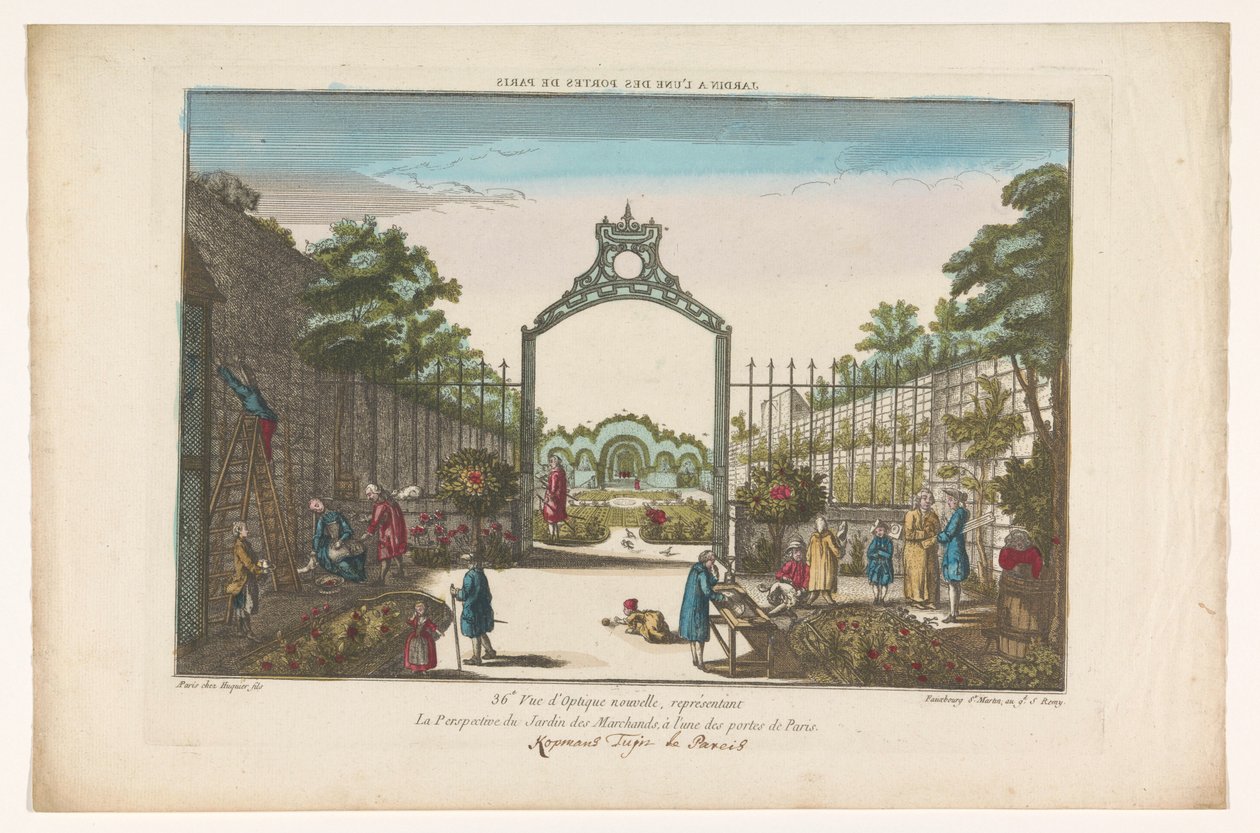 Gezicht op de Jardin des Marchands te Parijs Ogród przy jednej z bram Paryża (tytuł na obiekcie) autorstwa Jacques Gabriel Huquier